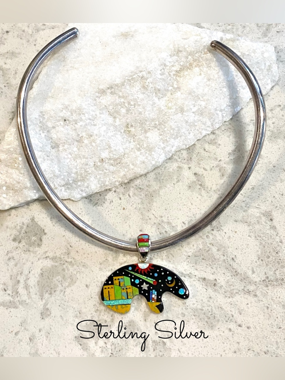 Sterling Silver - Inlay bear pendant w/ pueblo and night sky design - Picture 3 of 13
